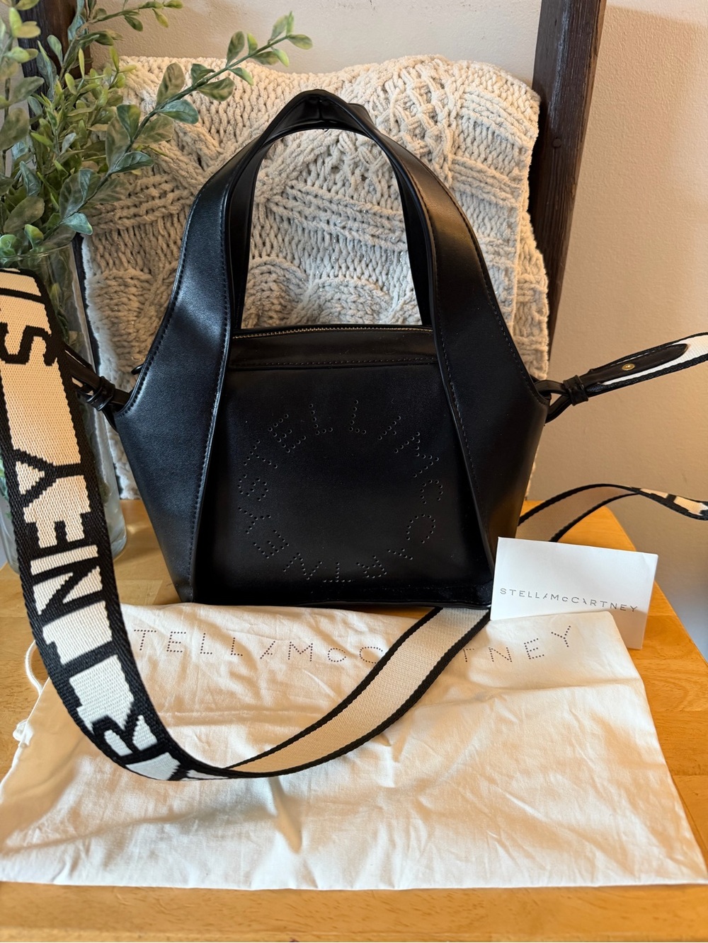 Stella McCartney Black Vegan Leather Shoulder Bag with Logo Strap